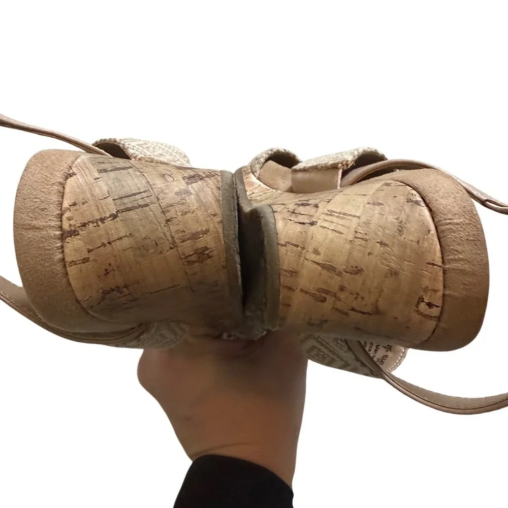 LifeStride Beige Herringbone Cork Wedge Sandals 9M - Pre-Loved Ready‎ for Summer